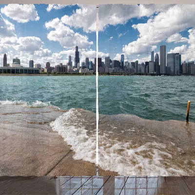 Produktbild von ARANDE Illinois Gardine, Chicago Landschaft in einem Bewölkten Tag Skyline Stadt Modernes Stadtbild, 280 x 225 cm, Mehrfarbig