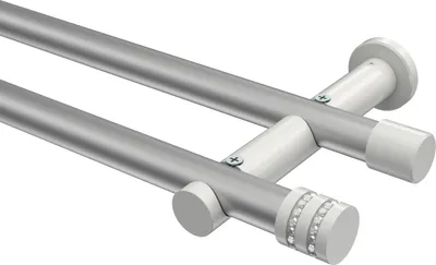 Produktbild von Interdeco Gardinenstange / Vorhangstange Silbergrau / Weiß, Typ Platon Estana (Glitzerkappe) ohne Ringe, 20 mm Ø 2-läufig, 180 cm