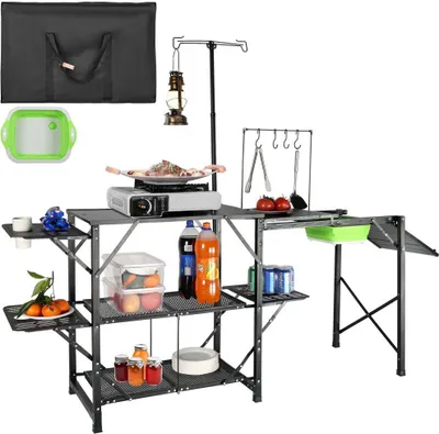 Produktbild von Camping-Küchentisch - Faltbarer, tragbarer Kochstation mit Tischen, Regalen und Waschbecken.