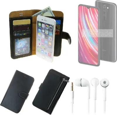 Produktbild von TOP SET Handy Hülle Schutz Hülle kompatibel mit Xiaomi Note 8 Pro  schwarz aus Kunstleder + Kopfhörer Smartphone Tasche vollwertige Geldbörse