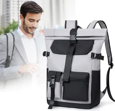 Produktbild von Rolltop Rucksack , 26L Rucksack Wasserdicht, Rucksack Groß Tagesrucksäcke mit Laptopfach 15.6 Zoll, Fahrradrucksack Reiserucksack für Business, Grau