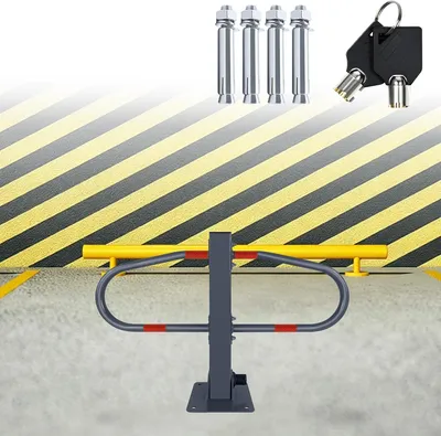 Produktbild von QEENTOE Klappbarer Parkplatzsperrbügel aus verzinktem Stahl, Parkpfosten zur Parkplatzsicherung mit 2 Schlüsseln & roten reflektierenden Warnstreifen