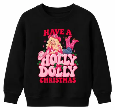 Immagine prodotto di Felpa con cappuccio a maniche lunghe, stile country, con scritta "Have A Holly Dolly Christmas" e immagine di Dolly Parton, colore nero, taglia 140
