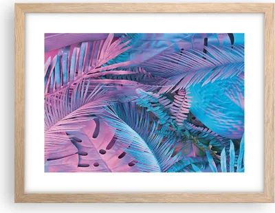 Produktbild von Gerahmtes Poster - Rahmen in heller Eiche - Blätter Rosa Blau - 40x30 cm - Wand Bild - Wanddeko - Wandbilder - Kunstposter - Wandposter - Bilderrahmen - Bilder - Kunstdruck - P2NAA40x30-4401