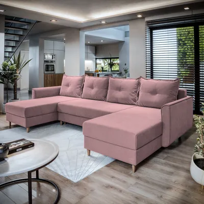 Produktbild von Masseno Ecksofa VERNI mit Schlaffunktion U-Form, Sofa mit Bettkasten, Wohnzimmersofa, Couch, Soffa, Bettsofa, Couchgarnitur - Rosa, KRONOS 27
