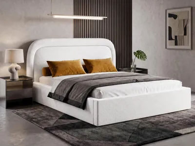 Produktbild von Polsterbett 140x200 cm mit Bettkasten BONIA, Stauraum und Metall-Lattenrost – Bouclé Stoff Weiß