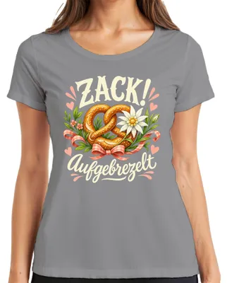 Produktbild von Zack! Aufgebrezelt Wiesn Brezel Lederhose Dirndl Wasen Damen T-Shirt, Grau, XL