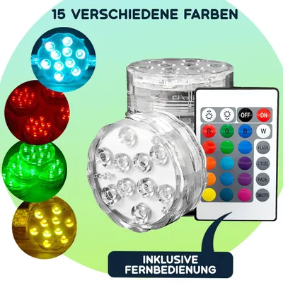 Produktbild von 8er-Set Multicolor-LED-Unterwasserleuchten: 15 Farben, Fernbedienung, IP68 - für beeindruckende Lichteffekte unter Wasser