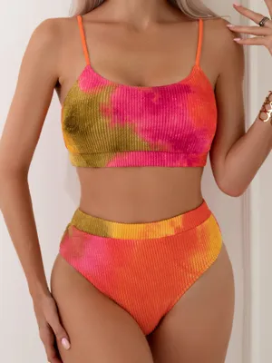 Obrázok produktu pre Dámske plavky s výstrihom s vysokým pásom Batik Rainbow Tank Bikini Plavky Štruktúrované dvojdielne plavky, AHOO2