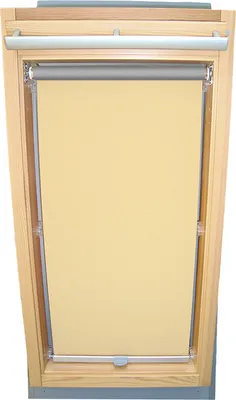 A roller blind installed in a wooden skylight frame.