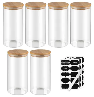 Image de Ensemble de 6 bocaux de conservation - 1,300 ml - Verre hermétique avec couvercle en bambou - Récipients de stockage pour céréales - Verre transparent - Facile à nettoyer - Récipients de conservation