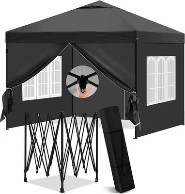 Image de Pavillon de 3x3 mètres, pavillon pliable avec parois latérales, imperméable, stable, résistant aux intempéries, idéal pour l'extérieur, pour le jardin, pour les fêtes, hauteur réglable, protection UV, structure en métal, couleur anthracite
