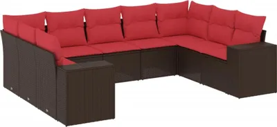 Zdjęcie produktu dla vidaXL 9-częściowa sofa ogrodowa z poduszkami, brązowa, z polirattanu