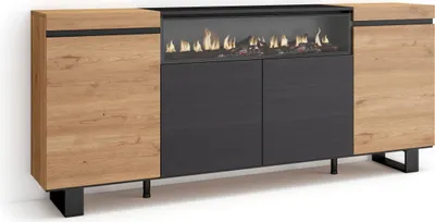A modern sideboard with a built-in electric fireplace, featuring a combination of wood-effect and black finishes.