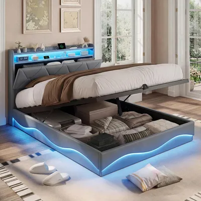 Obrázok produktu pre Postel s čalúneným rámom, 140x200 cm, s hydraulickým úložným priestorom, čalúnená opierka s odkladacím priestorom, LED osvetlenie, 2 USB porty a 1 port typu C, rošt, farba: sivá, bez matraca