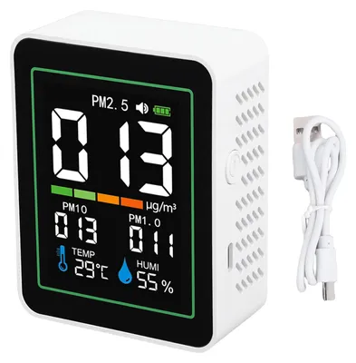 Produktbild von Luftqualitätsmessgerät für Innenräume, 5-in-1, Messt PM2,5, PM10, PM1,0, Temperatur und Luftfeuchtigkeit, Tragbarer intelligenter Infrarot-Staubsensor