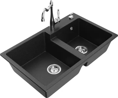 Produktbild von Mexen Tomas 2-Becken-Granitspüle mit Mischbatterie Carla, Schwarz/Silbermetallic - 6516-73-670700-00