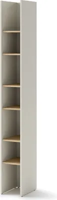 A tall, narrow corner shelving unit with multiple shelves.