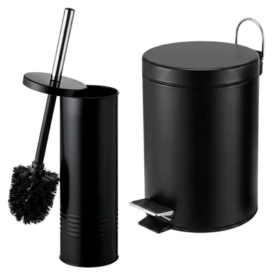 Obrázek produktu pro Sada do koupelny Relaxdays, 2dílná, toaletní kartáč, odpadkový koš, 5 l, automatické sklápění, kov, koupelnové doplňky, koupelnová sada, černá