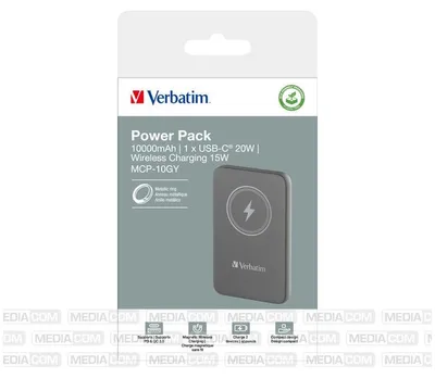 Produktbild von Verbatim Charge 'n' Go, 10000 mAh, Lithium Polymer (LiPo), Quick Charge 3.0, Kabelloses Aufladen, Grau