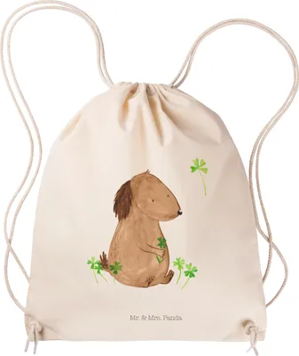 Produktbild von Mr. & Mrs. Panda Beutel Hund Kleeblatt - Transparent - Geschenk, Jutebeutel, Stoffbeutel, gym tasche, Kleiner Rucksack, Glück, Sprüche, Süß, Viel, Glücksbringer, wander