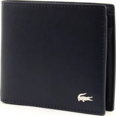 A dark blue leather wallet with a silver crocodile logo on the front.