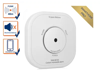 A white carbon monoxide alarm is shown against a white background, with feature icons on the left and a promotional badge in the top right corner.