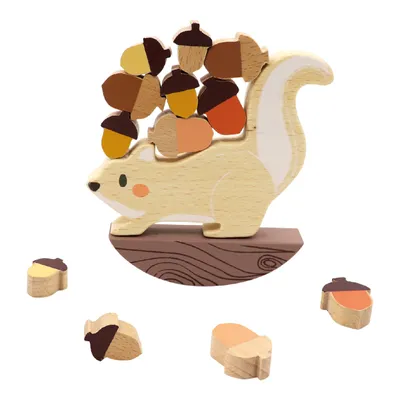 A wooden squirrel balancing game with acorns.