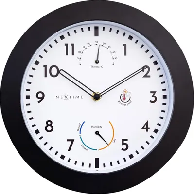 A close-up of a round wall clock with a black frame and a white face.