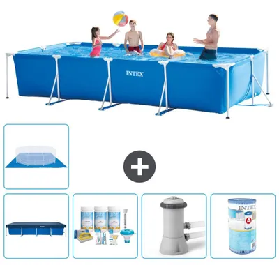Produktbild von Rechteckiges Schwimmbad - 450 x 220 x 84 cm - Blauw - inklusive Abdeckvorhang - Pflegepaket - Schwimmbadfilterpumpe - Filter - Bodenvorhang