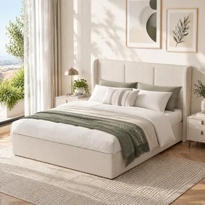 Immagine prodotto di Letto imbottito INONEFT, 160x200 cm, con spazio contenitore, letto per ragazzi con meccanismo a sollevamento idraulico, letto matrimoniale per ragazzi con rete a doghe, colore: lino, beige