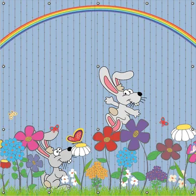 Produktbild von Wallario Outdoor-Poster für Garten oder Balkon, Motiv Süße Hasen unter einem Regenbogen, in ca. 180 x 180 cm