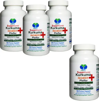 Produktbild von SuperKombi Kurkuma, Ingwer + Pfeffer 720 (4x180) Pulver Kapseln Curcumin & Gingerol & Piperin NATUR Pur - OHNE Zusatzstoffe.