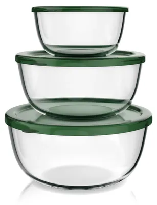 Produktbild von Arendo Salatschüssel 3er Set mit Deckel, Glasschüssel 1,1L / 2,7L / 4,4L, Glas Rührschüssel, Glas, Glasschale, BPA-frei, Mikrowellen- und spülmaschinengeeignet