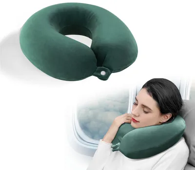 Zdjęcie produktu dla Poduszka podróżna rogala 30x30x10 cm z memory foam — welwet, butelkowa zieleń