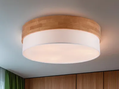Produktbild von Deckenleuchte skandinavisch mit Holz & Stoffschirm Weiß Ø 50cm inkl. E27 LEDs