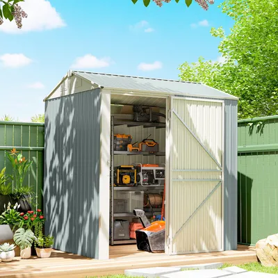 Produktbild von SUGIFT Metall Gerätehaus abschließbar, Geräteschuppen Verzinkter Stahl, Satteldach, Hellgrau | 209 x 177 x 236 cm | 3,5 m² | 24,5 kg