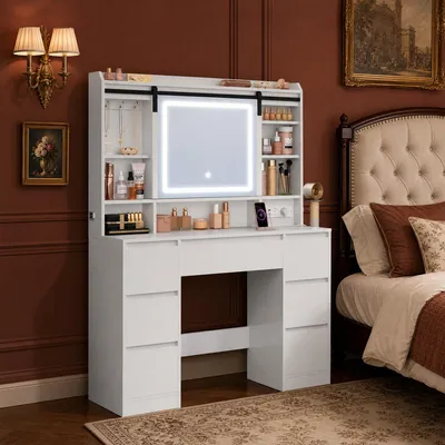 Produktbild von Fobyfurny Schminktisch mit Abnehmbarer Spiegel, 40 × 108 × 148,6 cm Weiß Schminktisch, 7 Schubladen, Offene Regale, für Schlafzimmer