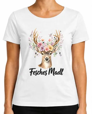Produktbild von Fesches Madl Reh Hirsch Blumen Geweih Trachtenshirt Lederhose Jagd Damen T-Shirt, Weiß, 3XL