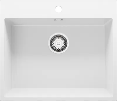 A top-down view of a white kitchen sink with a drain assembly.