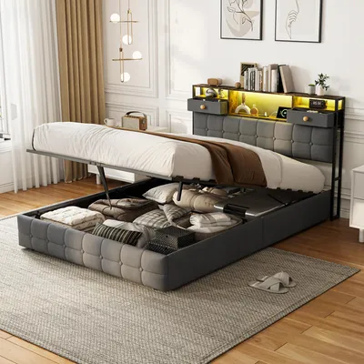 Image de Lit avec sommier tapissé, dimensions 160x200 cm, avec espace de rangement hydraulique, tête de lit avec étagère et 2 tiroirs, éclairage LED, ports USB-C et USB, sommier à lattes, couleur gris, sans matelas