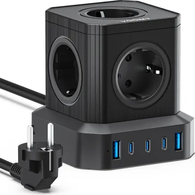 Produktbild von VOOMY 10-in-1 Steckdosenwürfel mit USB und USB-C - 5-Fach Stecker & 5 USB - Mehrfachsteckdose mit 2M Kabel und Schalter - Steckdosenleiste mit Überspannungsschutz - 4000W Powercube - Weiß