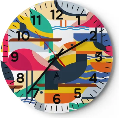 Produktbild von Wanduhr - Rund - Glasuhr - Vogel Abstraktion - 40x40cm - Schleichendes Uhrwerk - Lautlos - zum Aufhängen bereit - Dekoration Modern - Wanddekoration aus Glas - C4AR40x40-3747