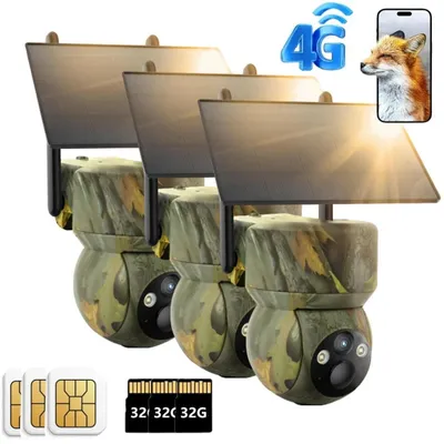 Obrázek produktu pro 4G LTE kamera pro sledování divoké zvěře, solární, 2K, 360°, PZT, s přenosem dat do mobilu, aplikace, kamera pro sledování divoké zvěře se SIM kartou, 32GB paměťová karta, snímač pohybu, noční vidění, 3 ks