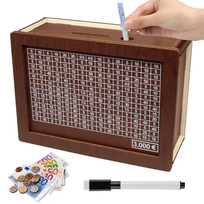 Produktbild von Spardose aus Holz, Sparkästchen mit Zähler zum Abhaken von Posten, Sparkästchen mit Sparziel und Zahlen, wiederverwendbare Spardose mit Stift für Erwachsene