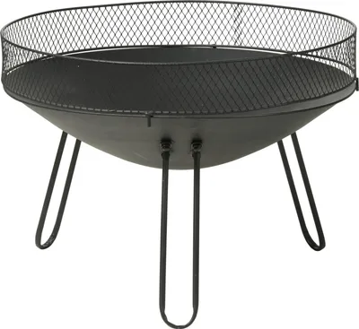 A black metal fire pit with a mesh screen on a white background.