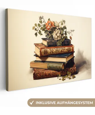 Zdjęcie produktu dla MuchoWow® - Obraz na płótnie - Vintage - Książki - Kwiaty - Biały, fototapeta, dekoracja ścienna, obrazy do salonu, 120x80cm