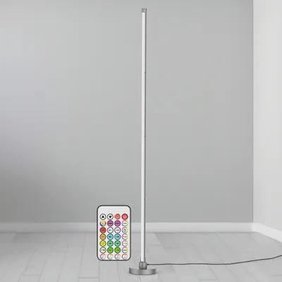 A floor lamp and its remote control are shown on a wooden floor against a gray wall.