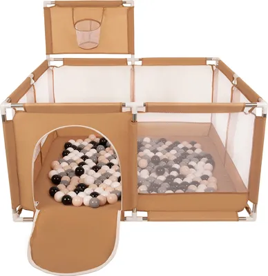 Produktbild von Selonis Laufstall Mit Korb Und 100 Bälle Laufgitter Für Kinder, Beige:Pastellbeige/Grau/Weiß/Schwarz