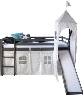 Produktbild von Homestyle4u Kinder Hochbett 90x200 grau mit Rutsche Turm Sternen Vorhang